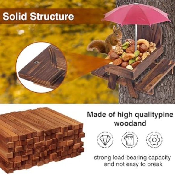 Squirrel & Chipmunk Miniature Wooden Picnic Table - Feeder w/ Removable Umbrella - Picture 7 of 10